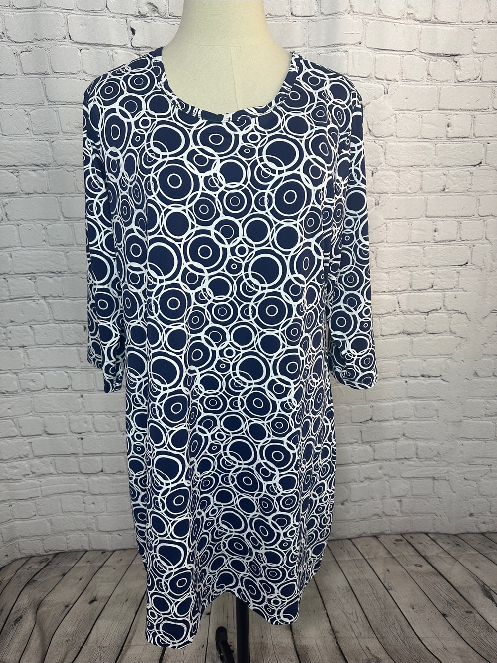 Lulu-B 3/4 Sleeve Circle Pattern Shift Dress navy & white XL